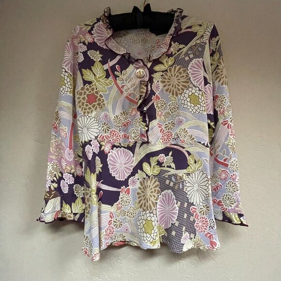 Loco Lindo Tops - Vintage Loco Lindo Women's Small Ruffle Neck Popover Top Flared Sleeve Blouse